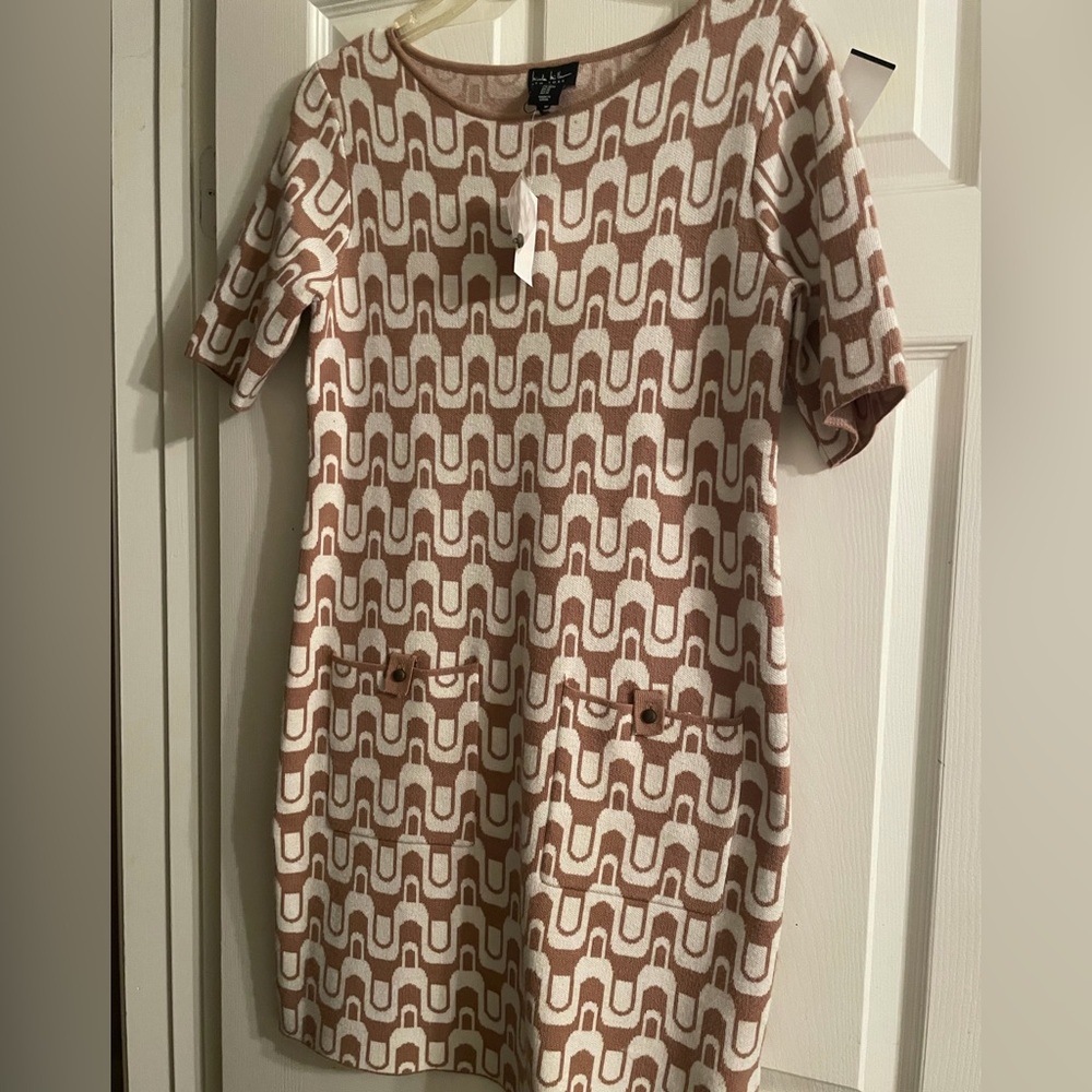 New sweater dress Brown and White Geometric Dress lightweight